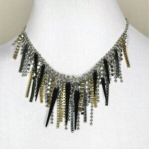 Adia Kibur Statement Necklace Bib Fringe Spikes Chain Rhinestones Silver Black